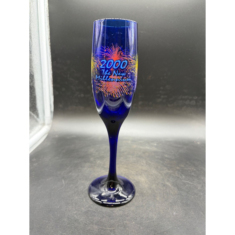 Vintage 2000 The New Millennium Cobalt Blue Glass Champagne Flute Fireworks